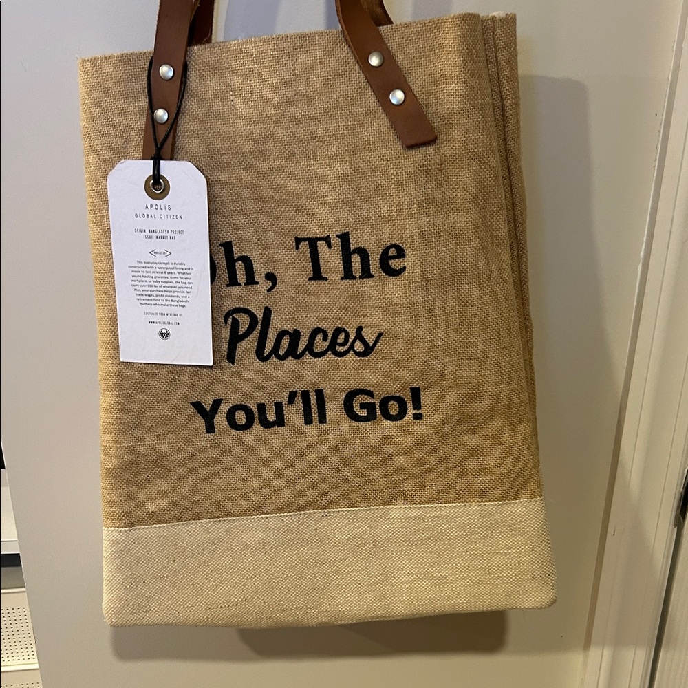 Apolis Oh, The Places You'll Go! Jute Tote Bag with Leather Handles